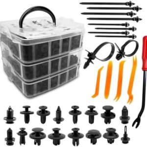 635PCS Auto Fasteners Car Push Retainer Clips Nylon Bumper Fender Rivets, 16 Most Popular Sizes with 10 Cable Ties Fasteners and Fasteners Remover Compatible with Toyota GM Ford Honda Acura Chrysler