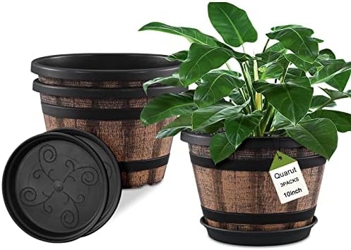 Quarut 3 Pack 10 inch Plant Pots,Whiskey Barrel Planters with Drainage Holes & Saucer, Plastic Decoration Flower Pots Imitation Wine Barrel Design, for Indoor & Outdoor Garden Home Plants (Brown)